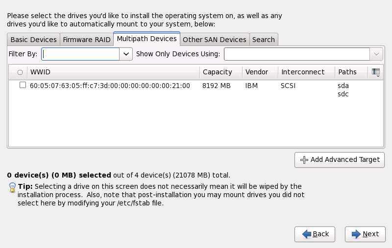 Select storage devices — Multipath Devices